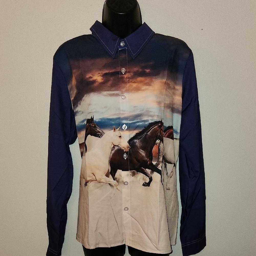 Equestrian Print Button-Up Shirt